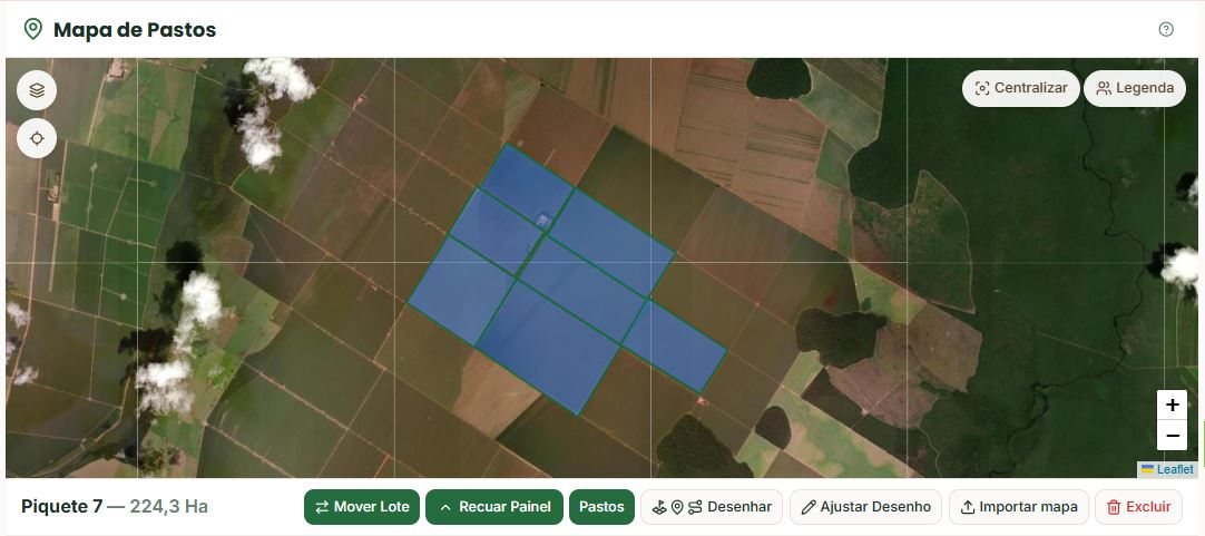 Mapa da Fazenda Alegria com os piquetes contornados sobre a imagem de satélite